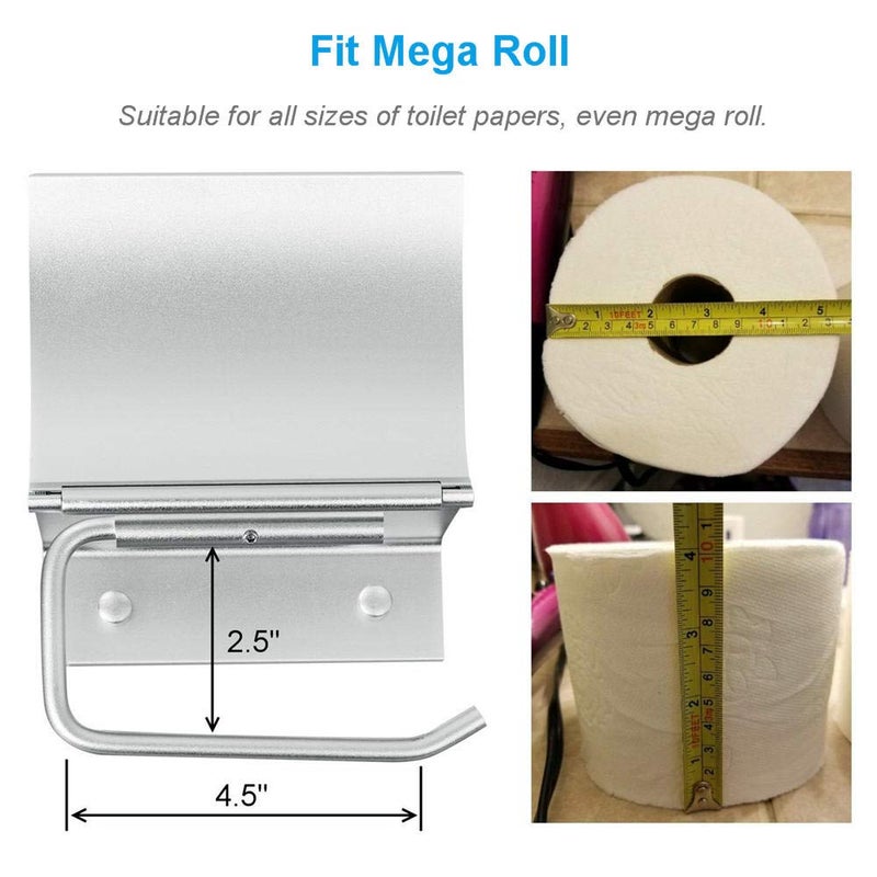 AYADA Toilet Paper Holder Wall Mounted with Phone Shelf Tray for Bathroom Restroom Hotel,Aluminum TP Holder Wall Mount with Cover Lid Metal Modern Rust Free Universal Tissue fit Mega Roll, Matte Silver - Image 3